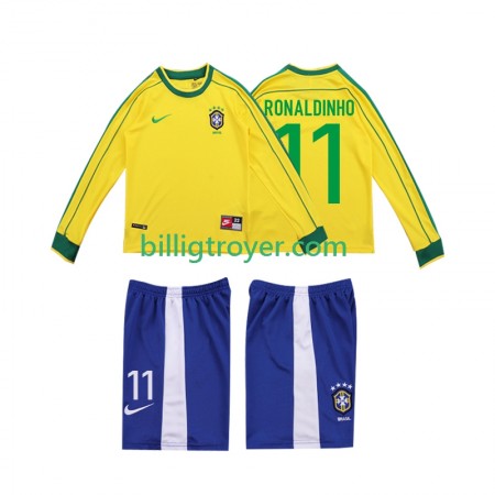 Billige Fotballdrakter Brasil RONALDINHO 11 Barn Retro Hjemmedraktsett 1998 Langermet